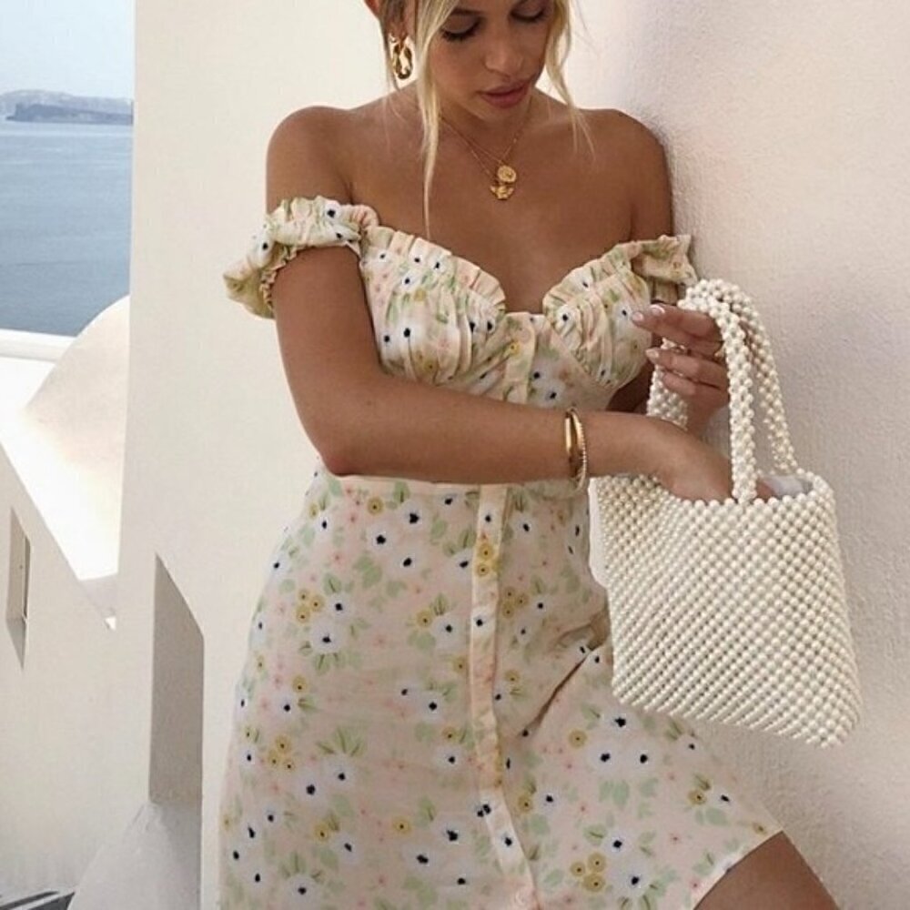 With Jean Isabelle Off The Shoulder Floral Mini Dress In Panse Rosa XS